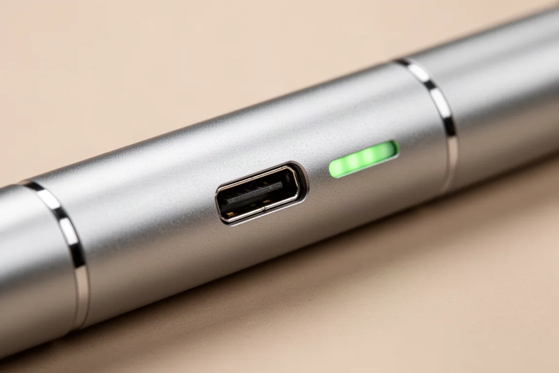 Port micro USB z boku smukłej latarki z zielono świecącą kontrolką ładowania