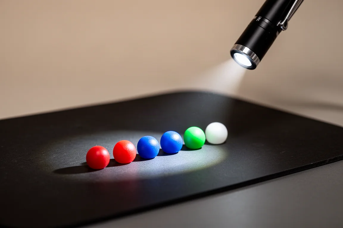 Snop światła latarki oświetlający rząd kolorowych przedmiotów na ciemnej powierzchni, pokazujący wierne oddanie barw