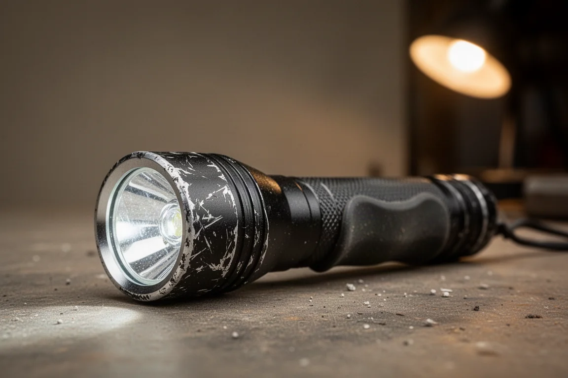 Zniszczona latarka typu pen light z porysowaną głowicą i startym miejscem na zgryz, trzymana w przyćmionym świetle warsztatu