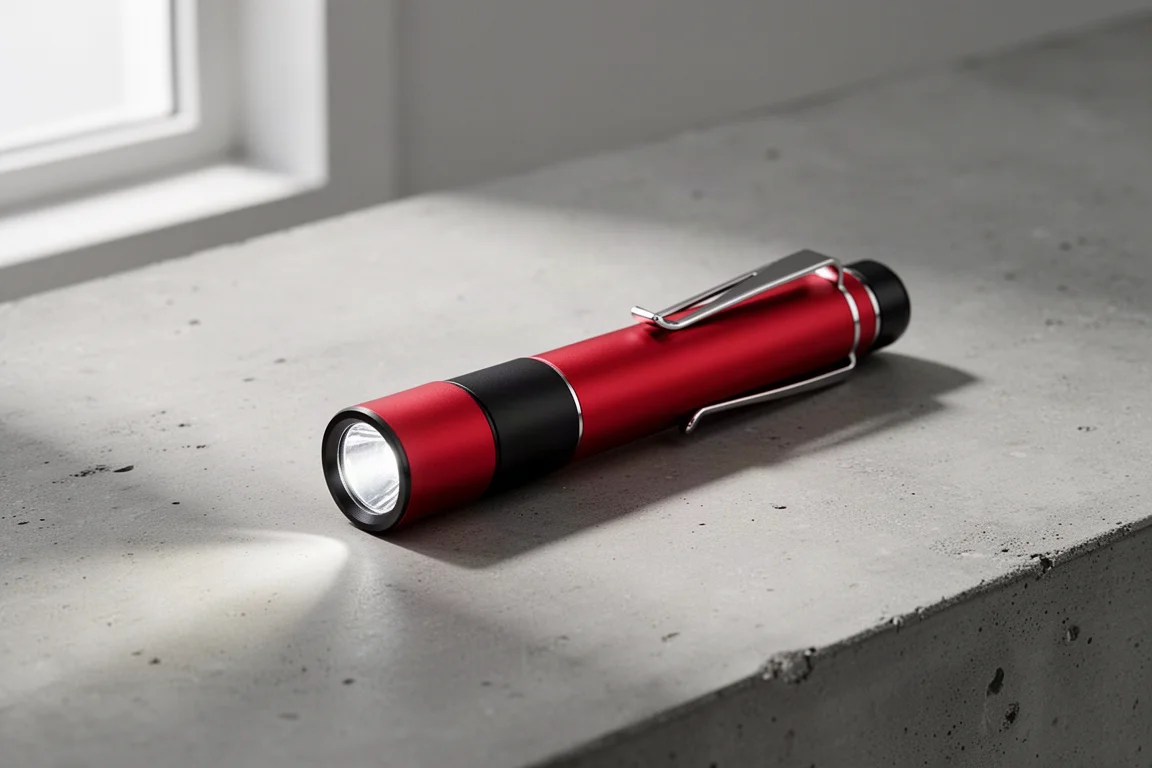 Slim red and black pen light flashlight on a matte concrete surface