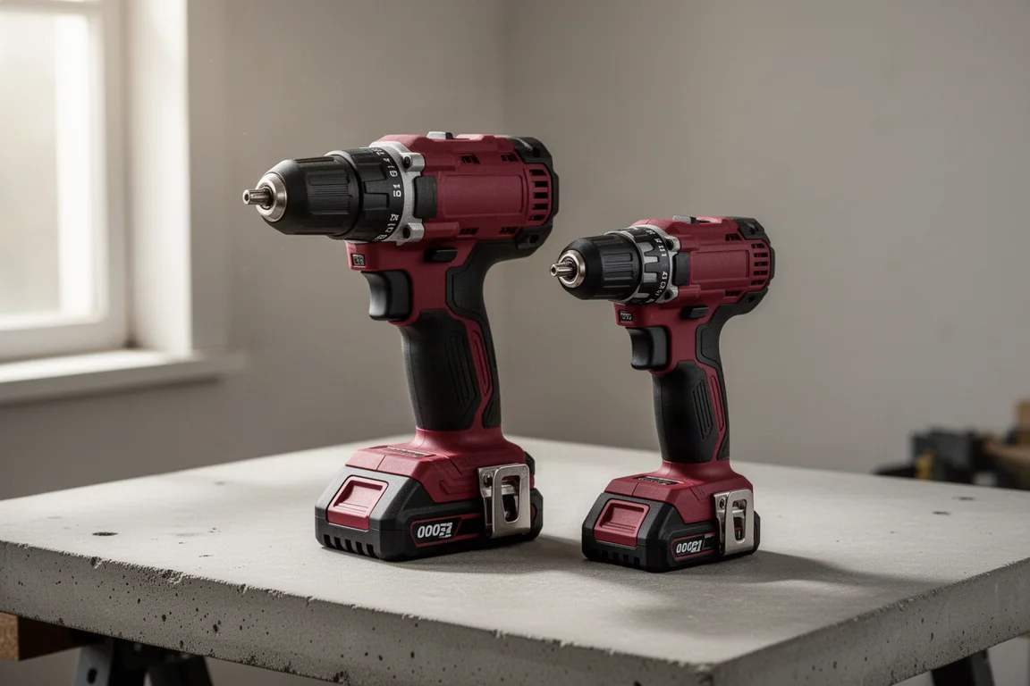 Two compact cordless PEX expansion tools standing on a workbench side by side