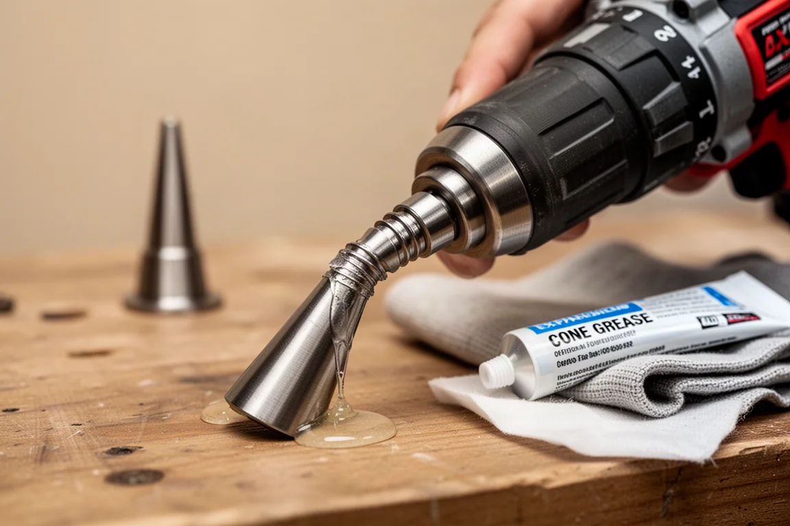 Close-up of a PEX expansion cone being lubricated before use