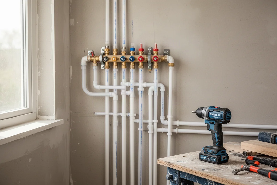 Plumber working on a residential PEX manifold installation in soft daylight