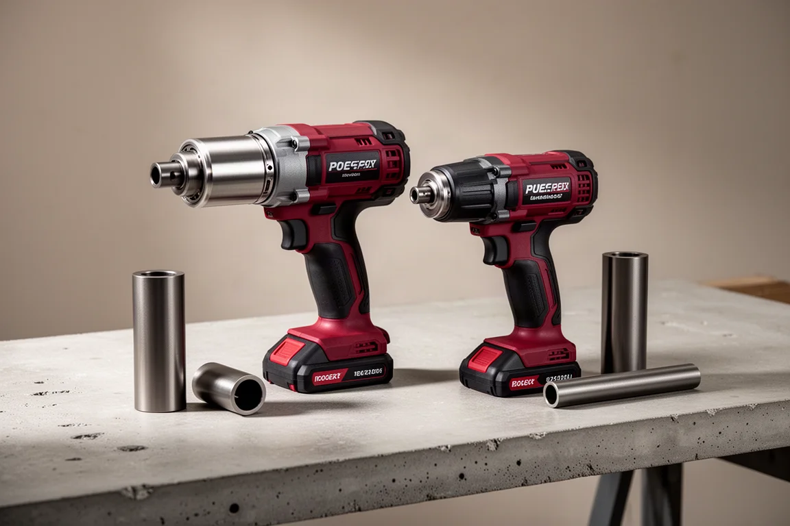 Two Milwaukee PEX expansion tools side by side on a concrete workbench