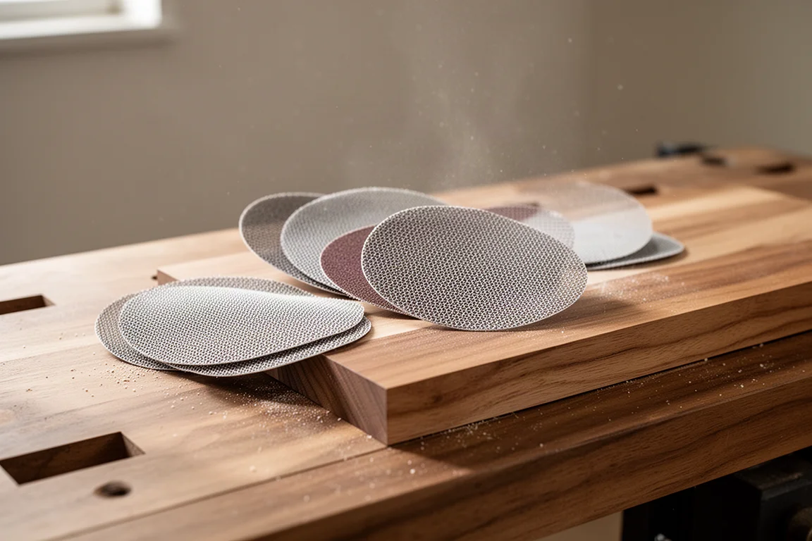 Detailschuurpads en vers geschuurd houten werkstuk op een werkbank