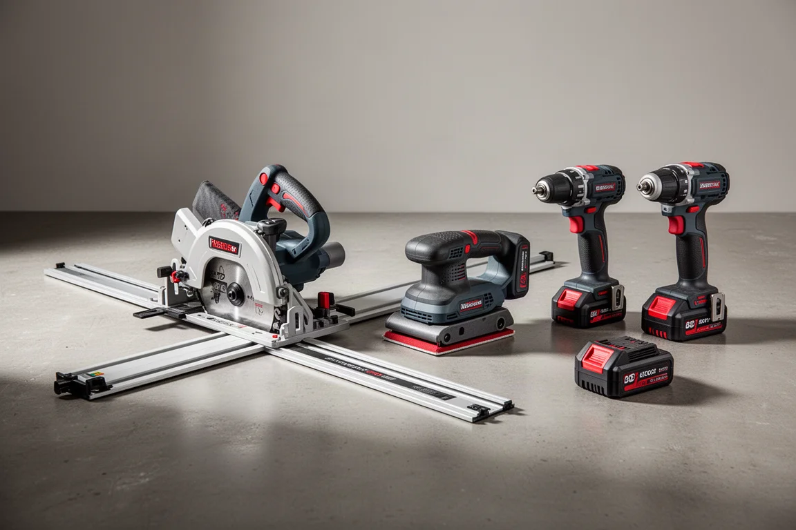 Lineup of Milwaukee cordless power tools including a track saw, sander, drill, impact driver, and batteries on concrete