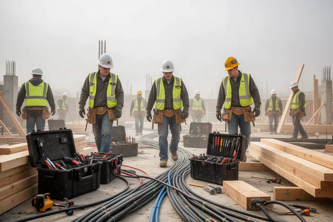 Busy construction site with contractors working among tool cases and materials