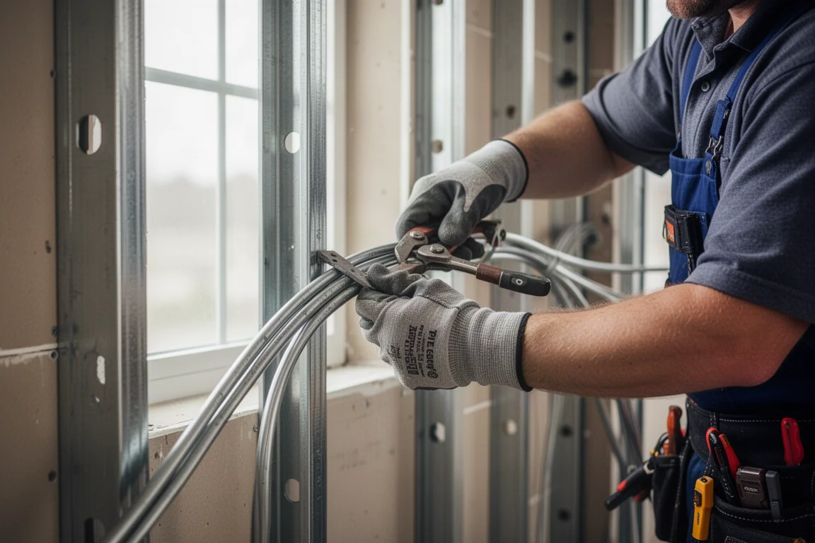 Electrician working with conduit on an industrial wall installation