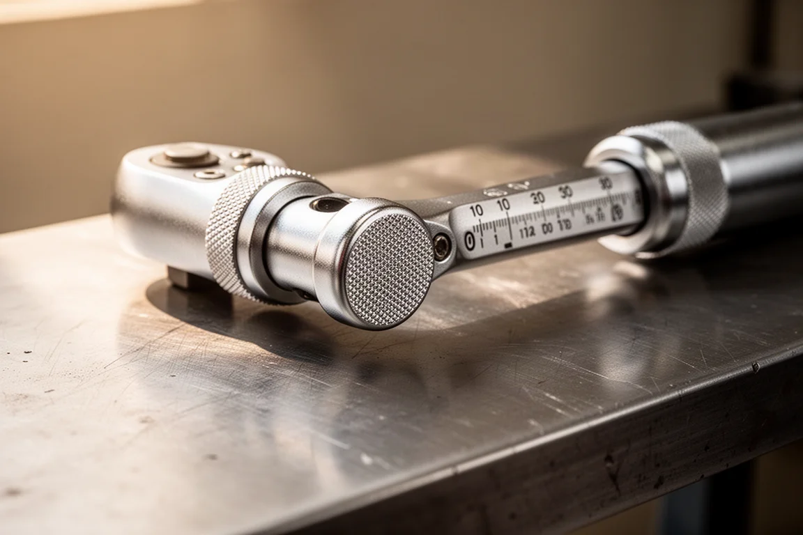 Close-up of a click-type torque wrench being adjusted in a workshop
