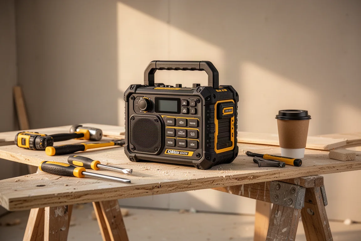 Cordless job site radio on a sawhorse with tools around it in soft evening light