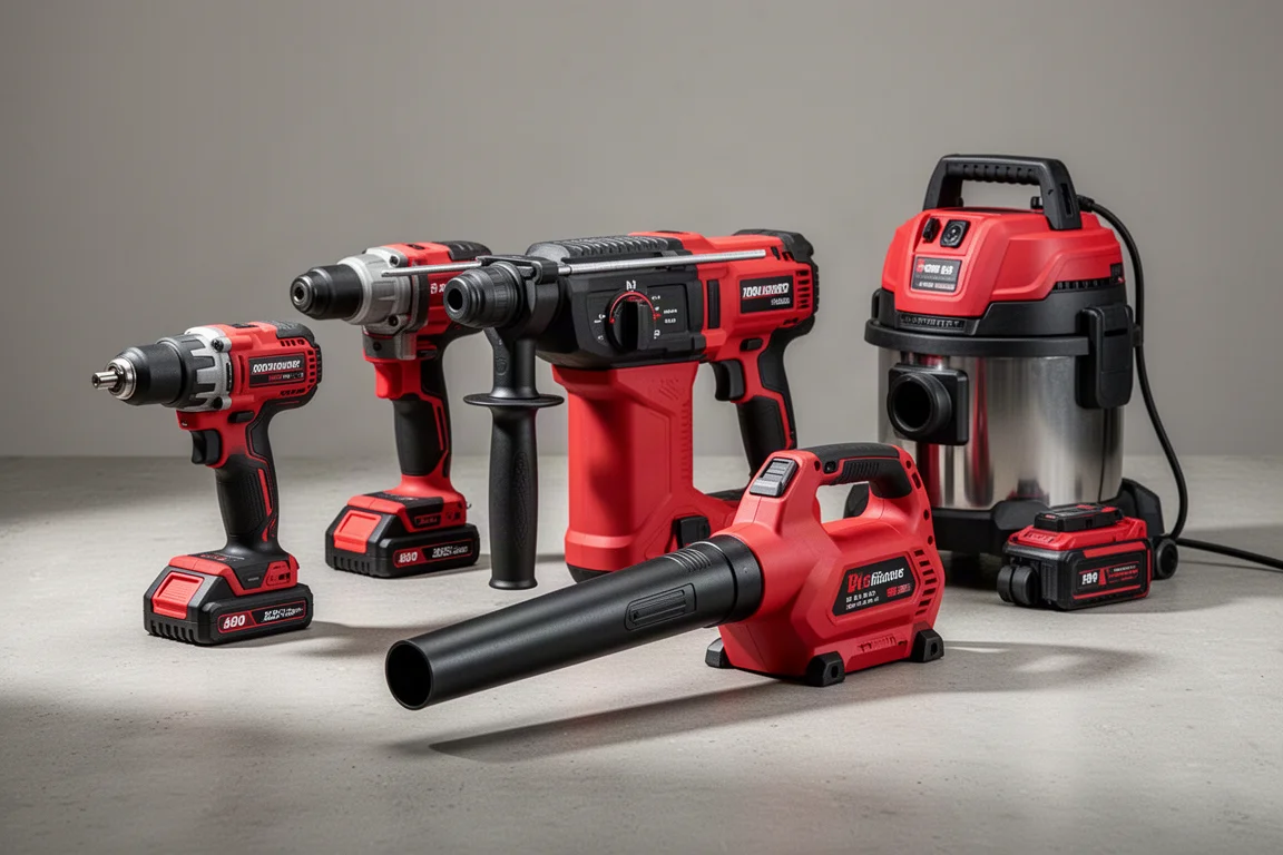 Collection of red and black cordless power tools arranged on a concrete surface
