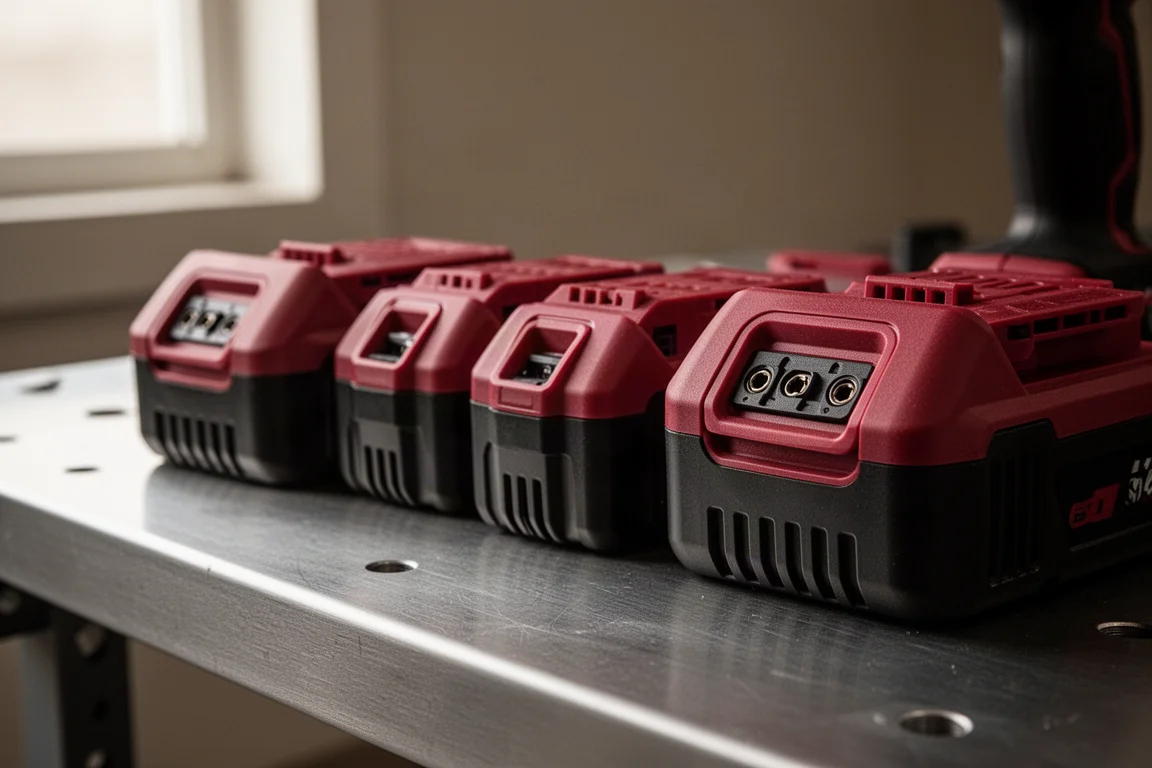 Celle al litio a sacchetto impilate e pacchi batteria per attrezzi elettrici su una panca da officina