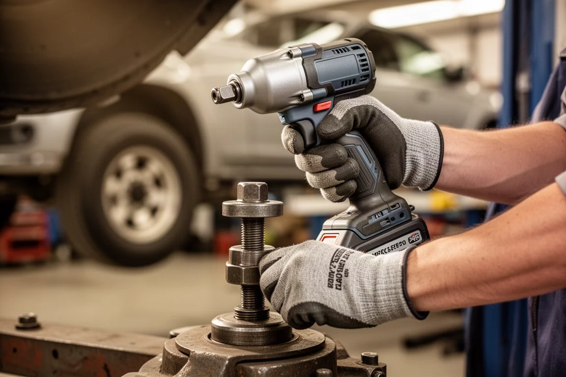 Meccanico che utilizza una chiave ad impulso a batteria su un bullone di grandi dimensioni in un garage