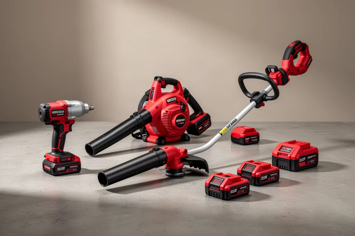 Group of red and black cordless power tools arranged on a concrete surface