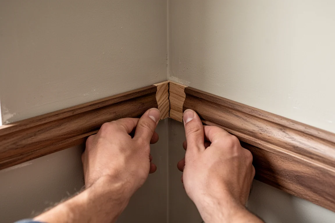 Trim carpenter fitting a baseboard joint at an inside corner of a wall