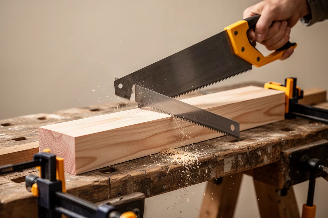 Short hand saw slicing through a softwood offcut on a workbench