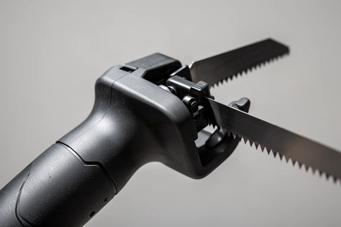 Close-up of a compact saw handle holding a short reciprocating blade