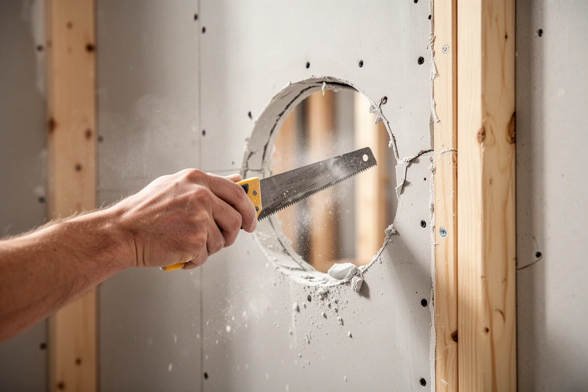 Drywall saw cutting an opening in drywall at a construction site