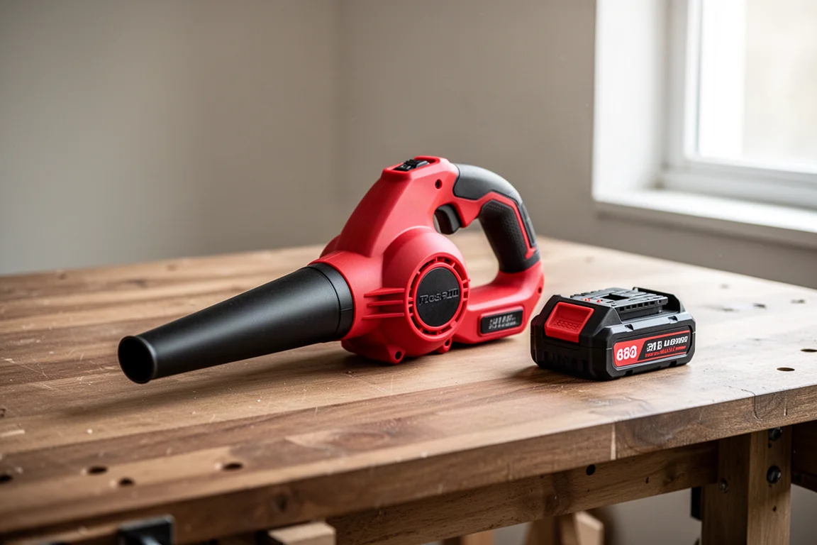 Compact handheld blower resting on a workbench beside a cordless battery pack