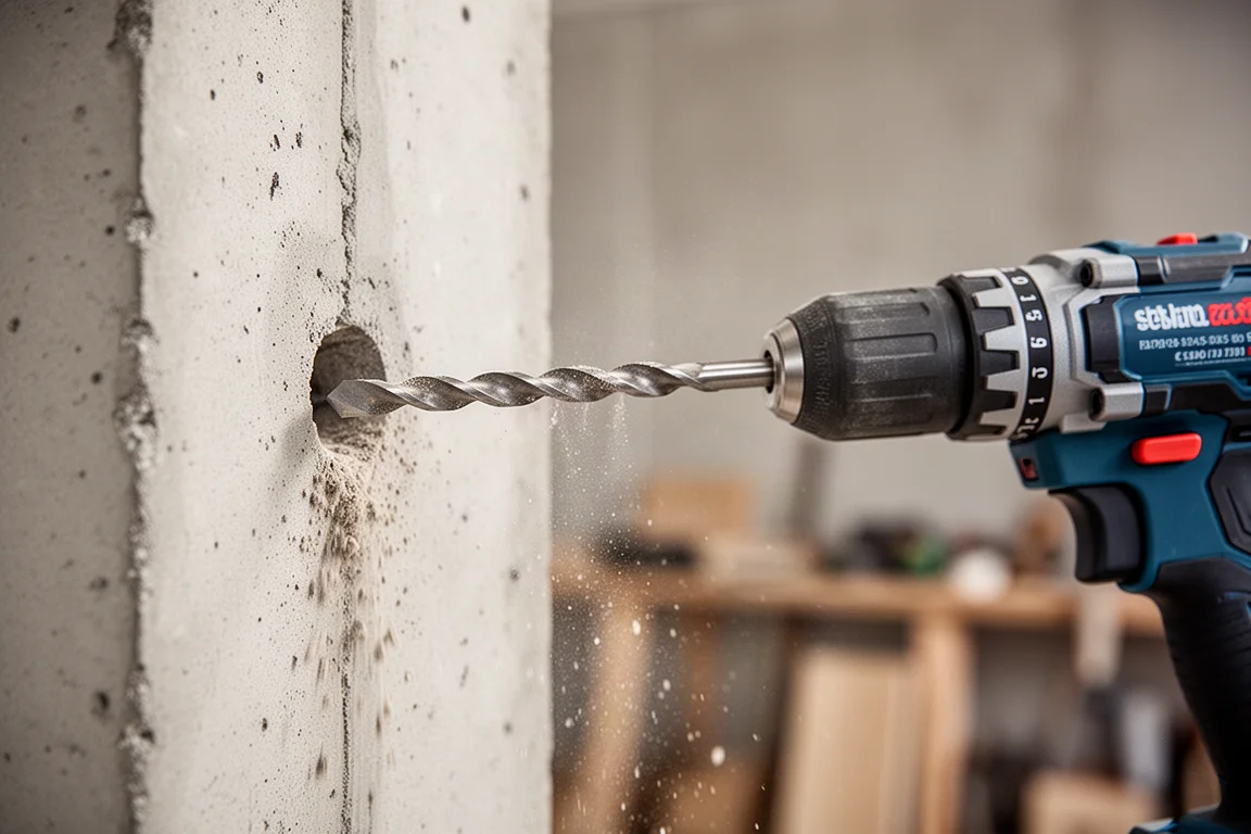 Worker drilling into concrete with visible dust around the hole