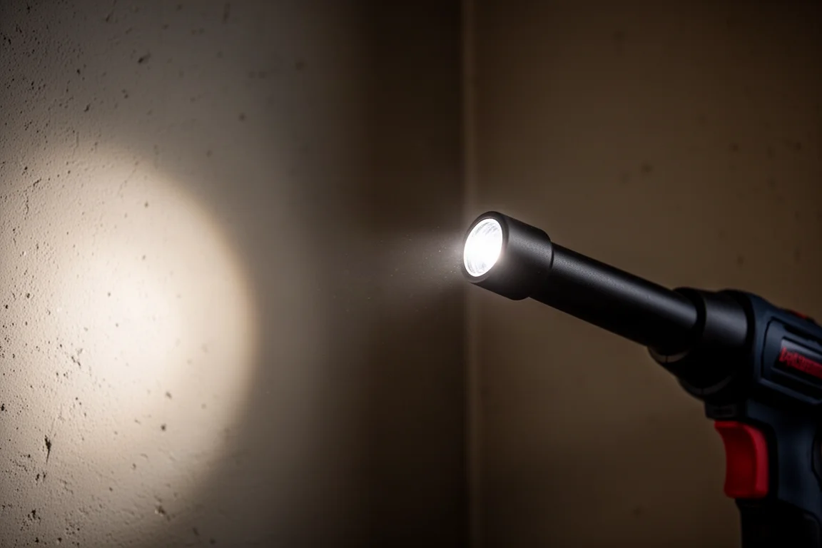 Handheld blower nozzle with an LED light illuminating a dark corner