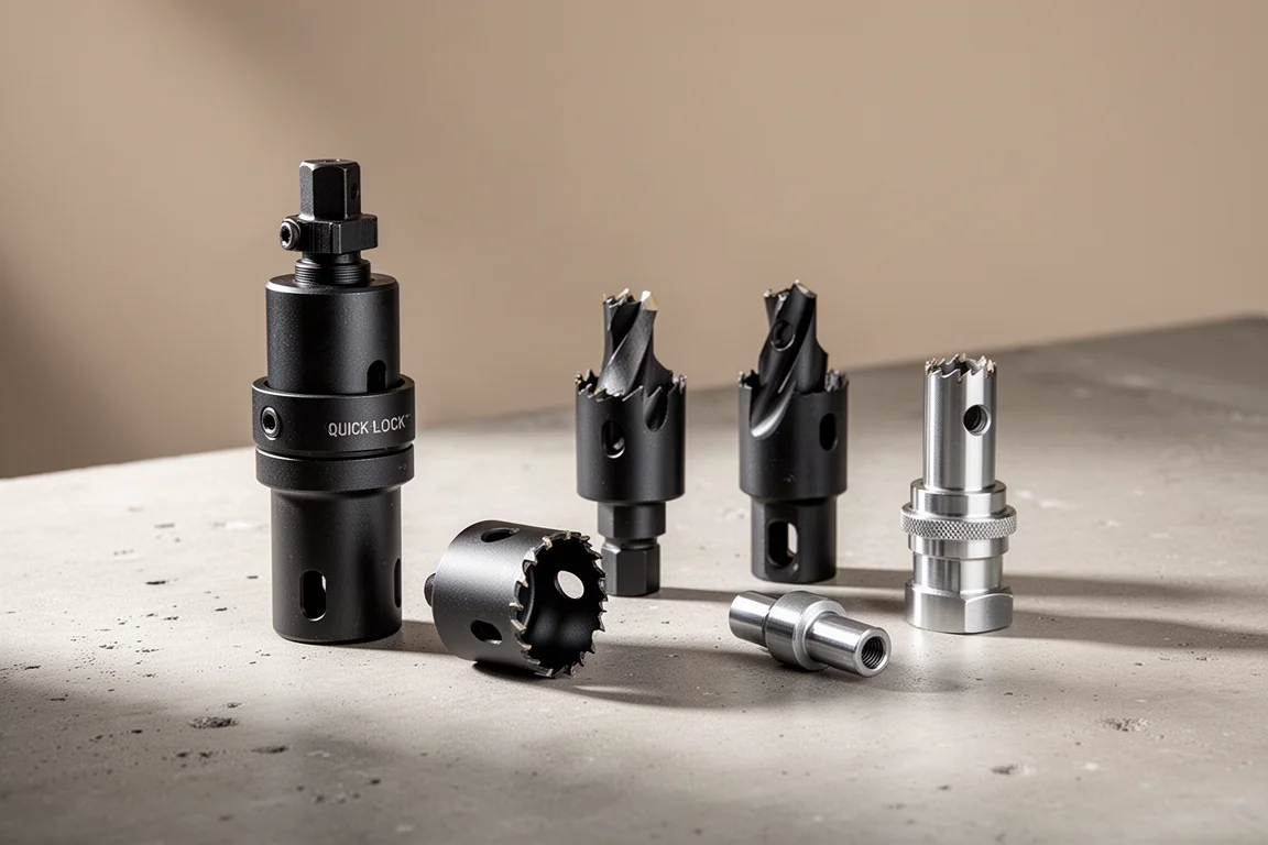 Five-piece Milwaukee Quick Lock arbor set arranged on a concrete workshop surface
