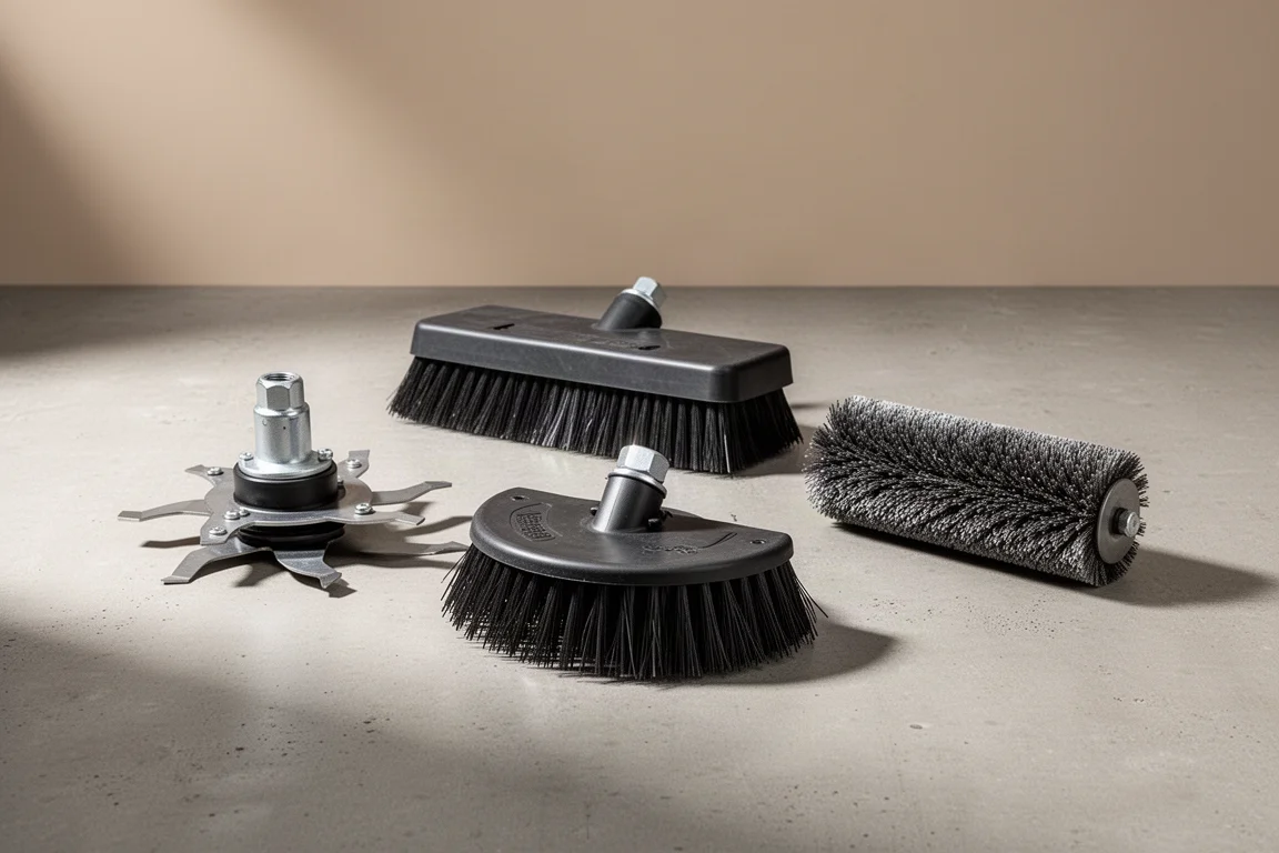 Three Milwaukee Quick-Lok attachment heads arranged on a concrete surface