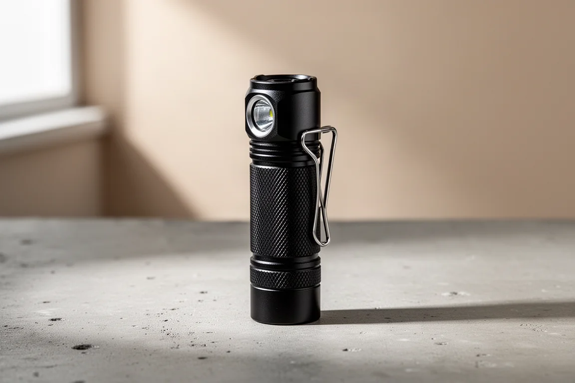 Compact black everyday carry flashlight with pocket clip on a concrete surface