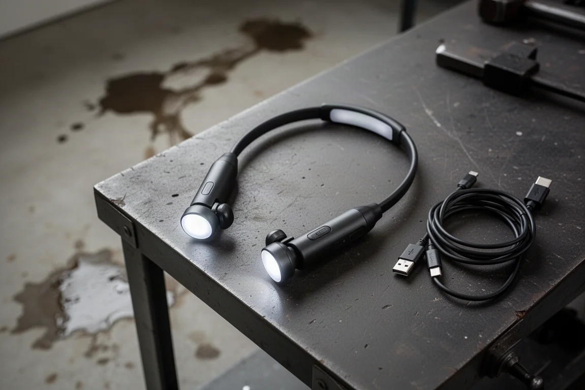 Luce da collo appoggiata su una panca da officina accanto a un cavo USB-C