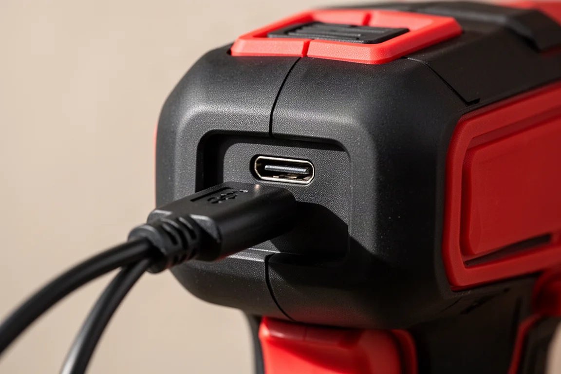 Porta di ricarica USB-C sul retro del corpo di una luce da lavoro