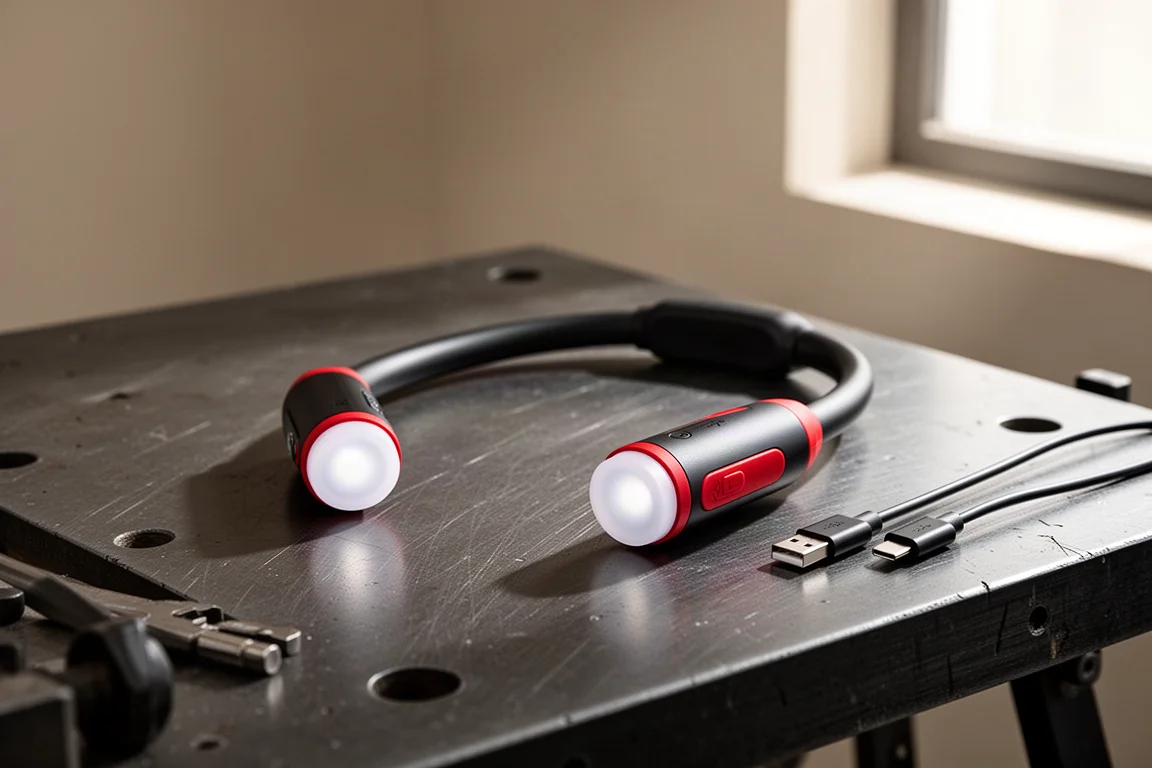 Rechargeable neck light with swiveling heads resting on a workshop bench