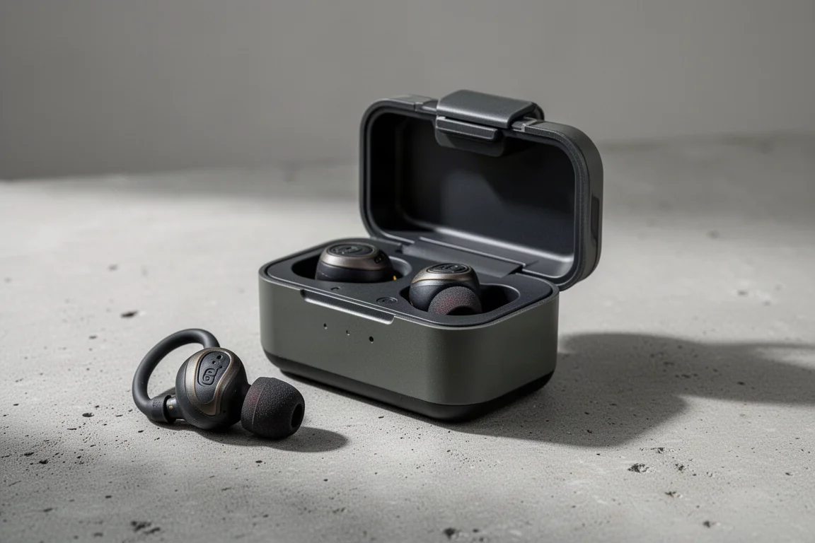Rugged jobsite earbuds with foam tips beside an open charging case on concrete