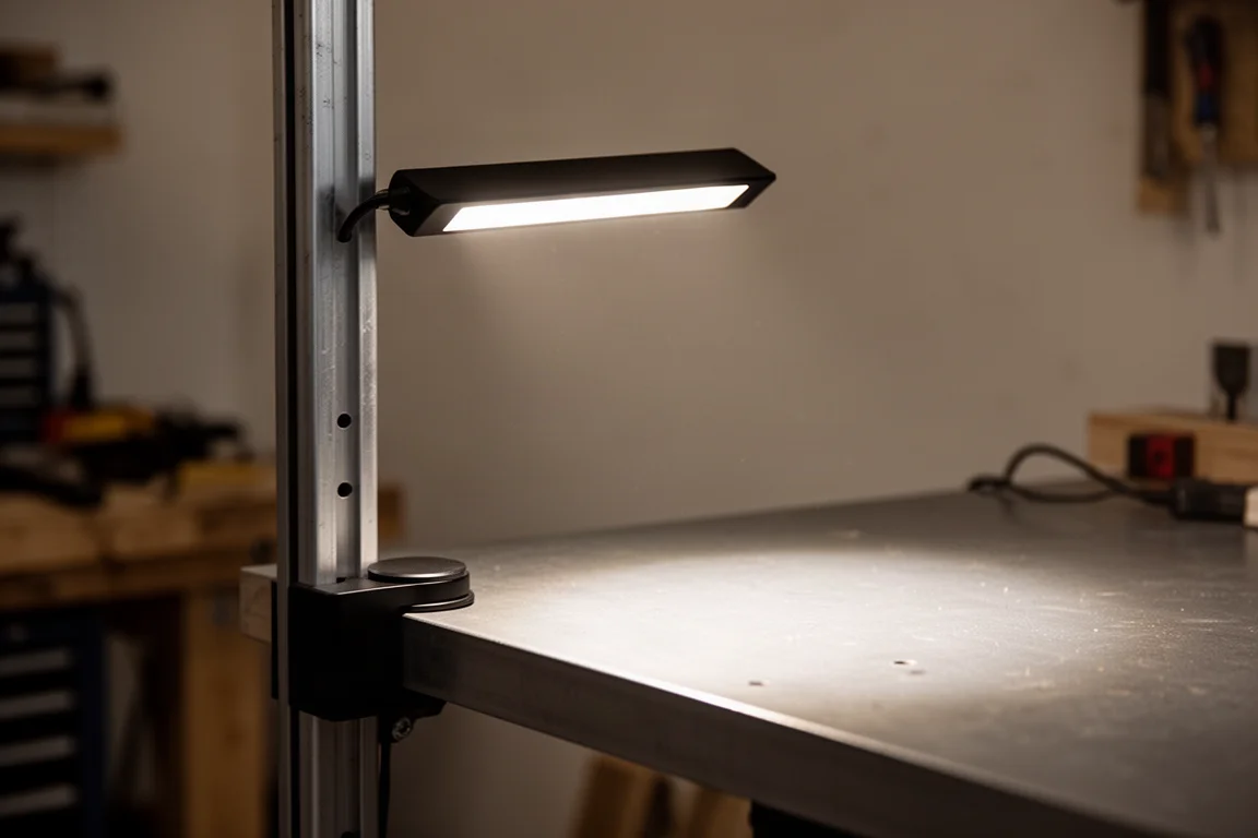 Lampada da lavoro magnetica sottile fissata a una superficie metallica in un cantiere poco illuminato