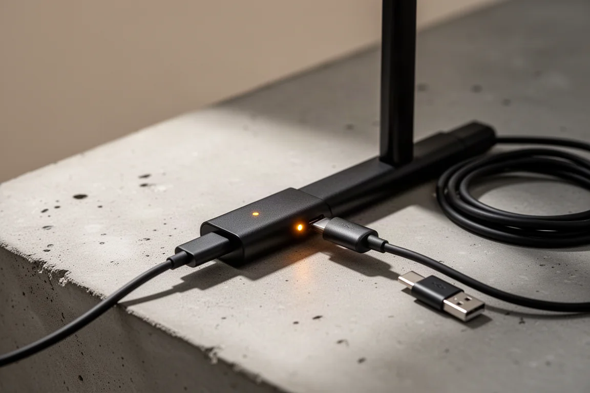 Cavo USB-C collegato a una lampada da lavoro compatta durante la ricarica