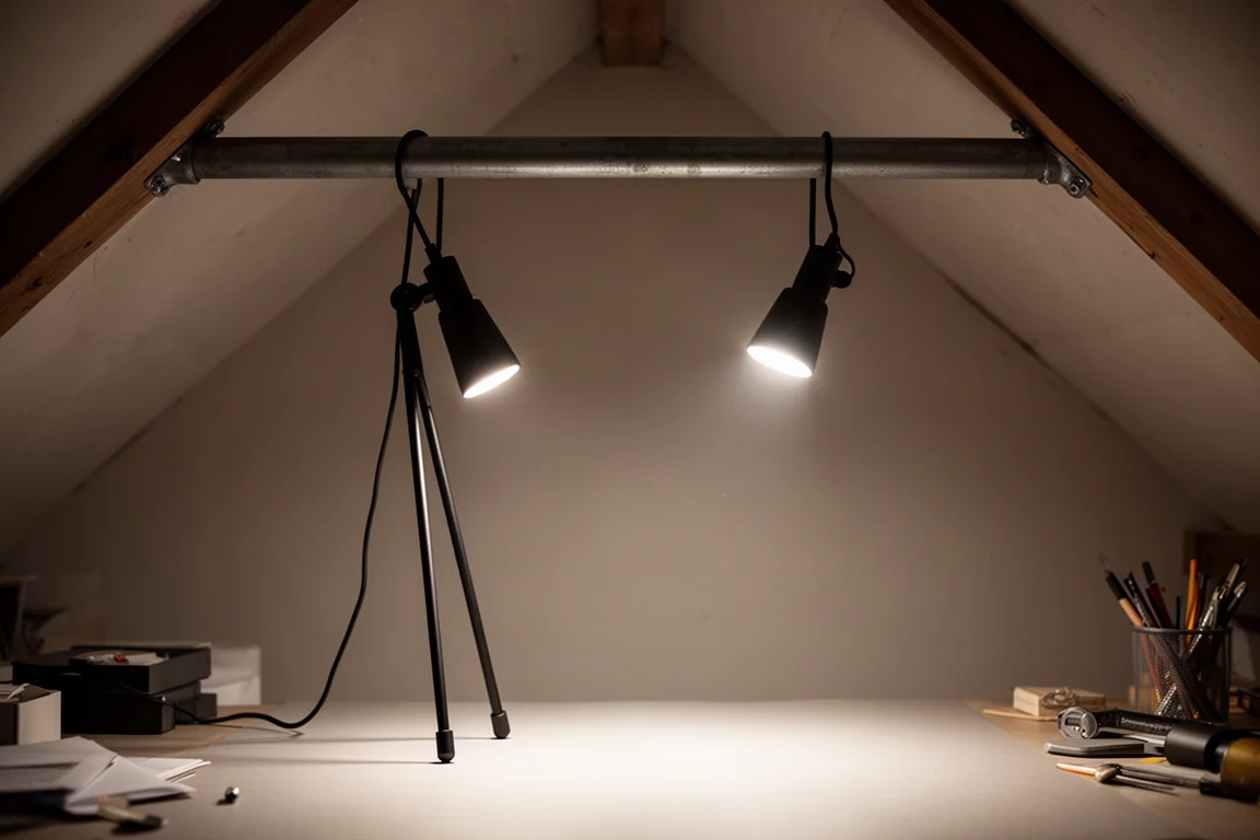 Lampada da lavoro appesa a un tubo tramite le gambe spalancate che illumina l'area di lavoro