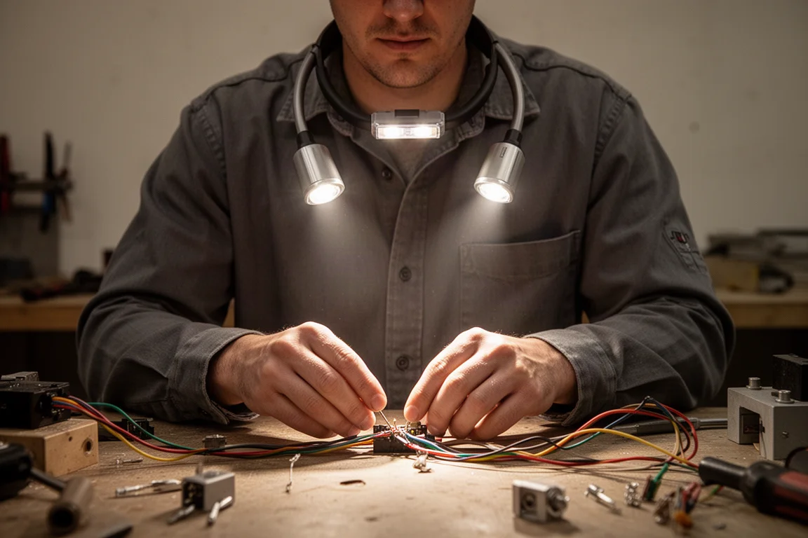 Trabajador con una luz de cuello manos libres mientras inspecciona cableado en un taller con poca luz