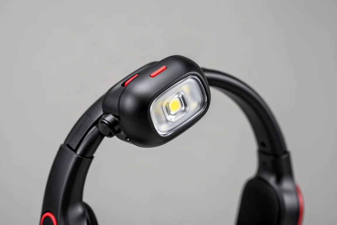 Primer plano de una cabeza de luz LED ajustable inclinada hacia abajo en una luz de cuello