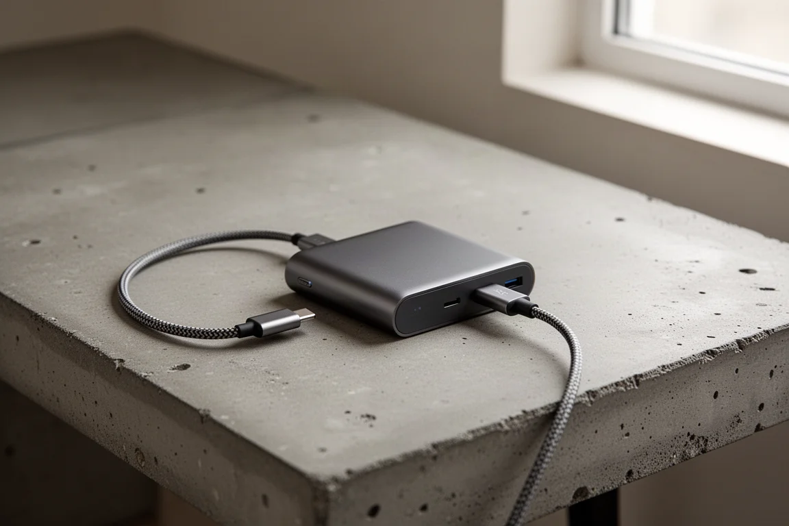 Cable USB Type-C conectado a una batería recargable sobre un banco de trabajo
