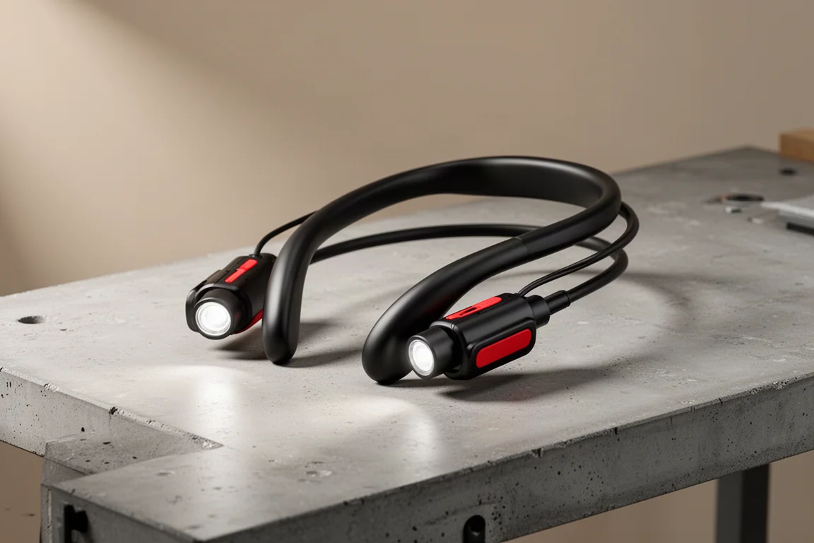 Wearable neck light with adjustable LED heads on a concrete workbench