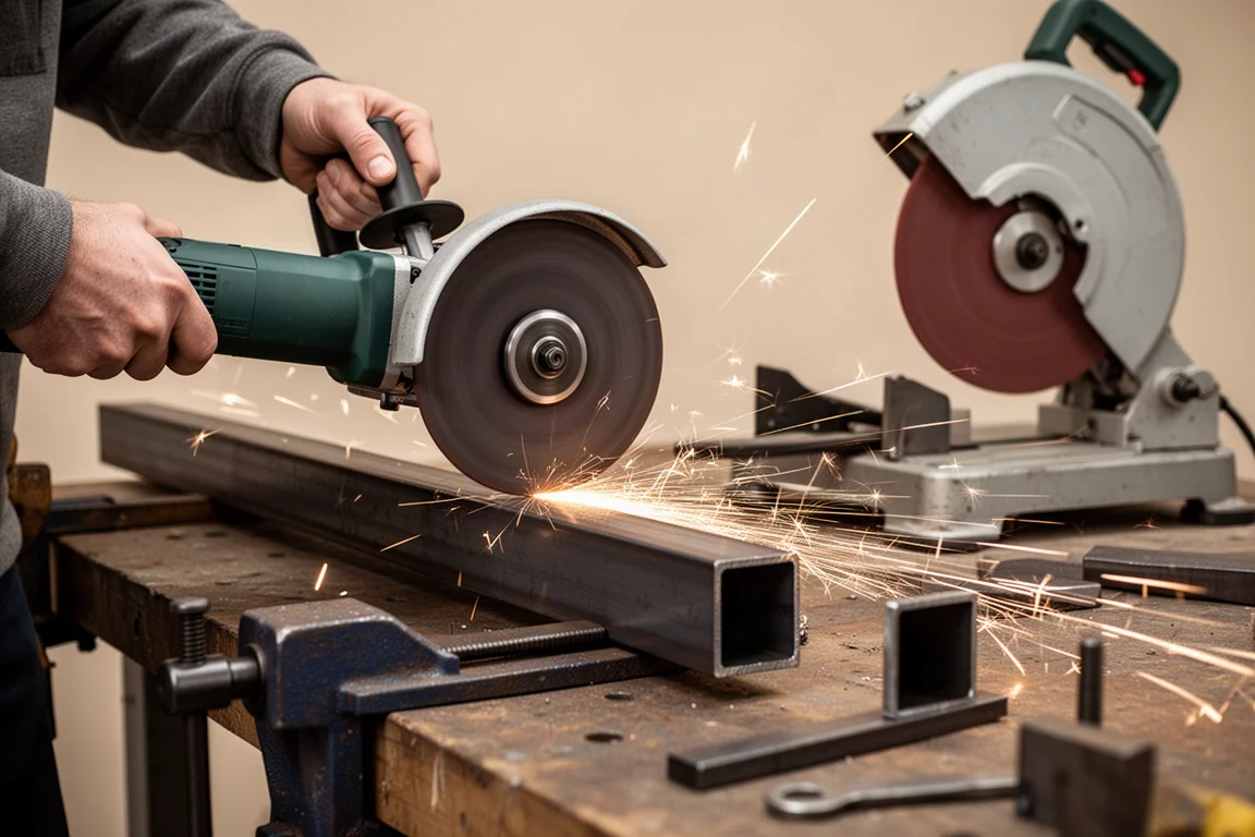 Two power tools cutting and grinding steel on a job site workbench