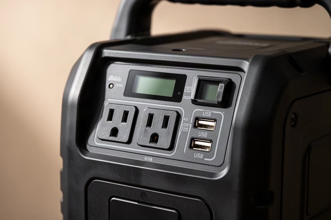 Close-up of AC outlets and USB ports on a portable power station panel