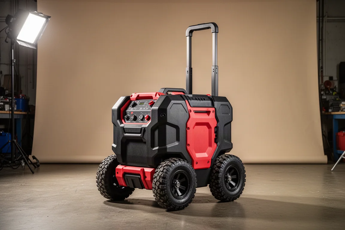 Wheeled Milwaukee Roll-On battery power supply on a concrete workshop floor