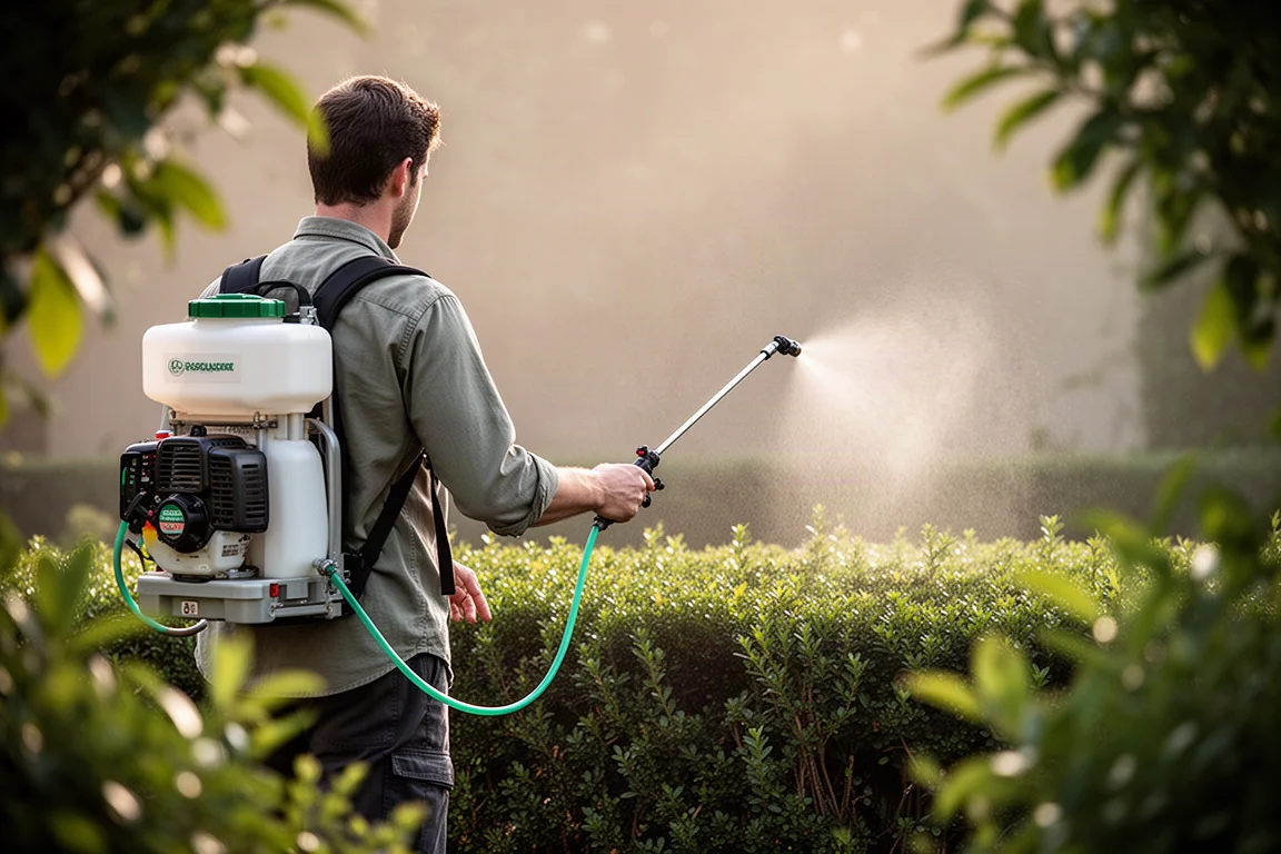 Operaio paesaggista che irrorare la vegetazione con uno spruzzatore a zaino in un giardino