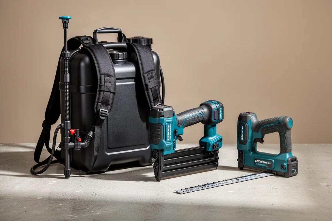 Milwaukee backpack sprayer and two Ryobi AirStrike fastening tools on concrete