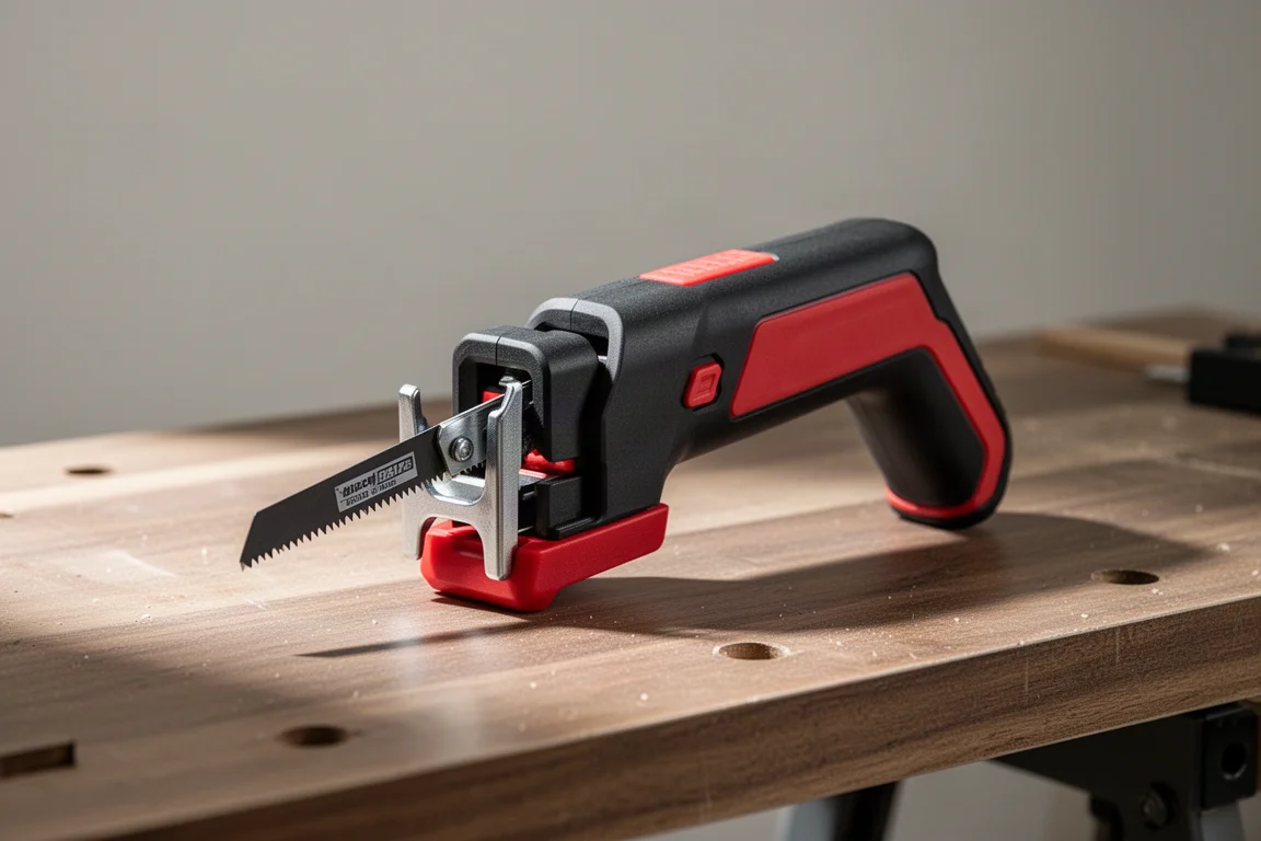 Milwaukee Sawzall blade holder with inserted blade on a workbench