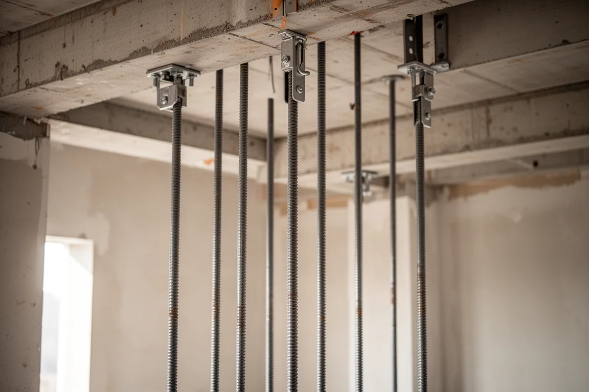 Lange draadstangen met plafondhardware hangend op een bouwplaats