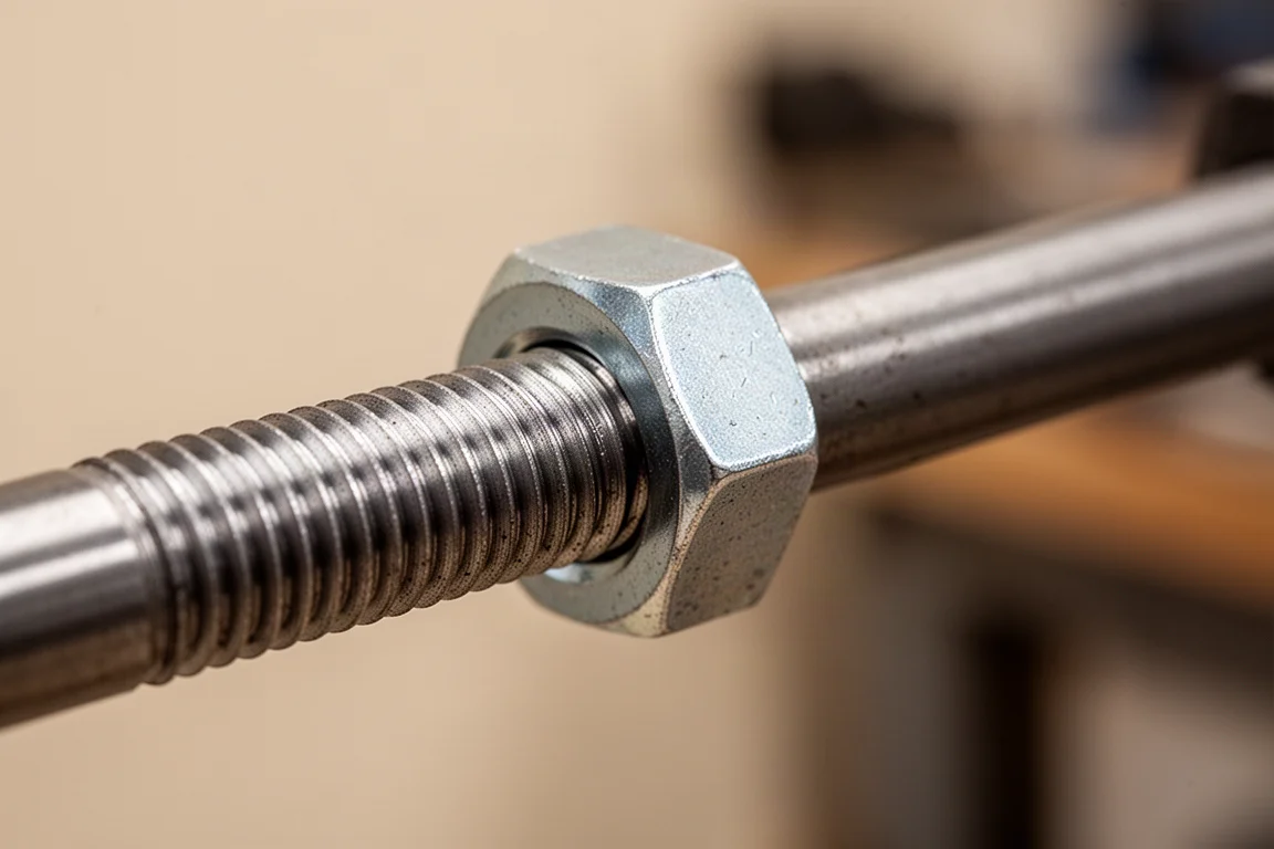 Close-up van een moer die met de hand een draadstang wordt opgedraaid