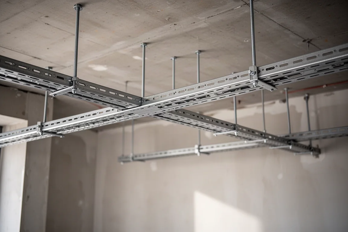 Kabelgoot tijdens de installatie onder een plafond opgehangen