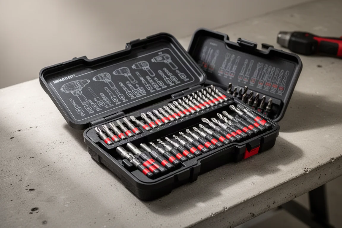 Estuche de kit de brocas rojo y negro abierto con filas de puntas en raíles extraíbles