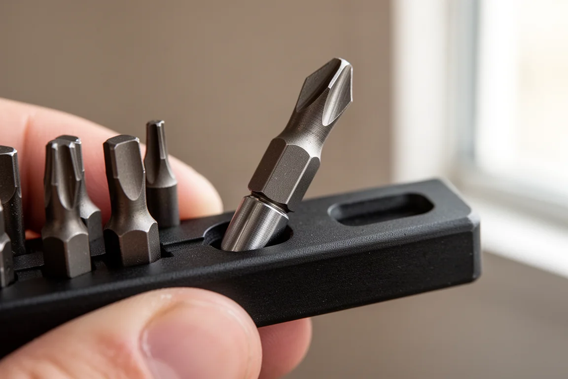 Primer plano de un pulgar presionando una punta fuera de un raíl de brocas